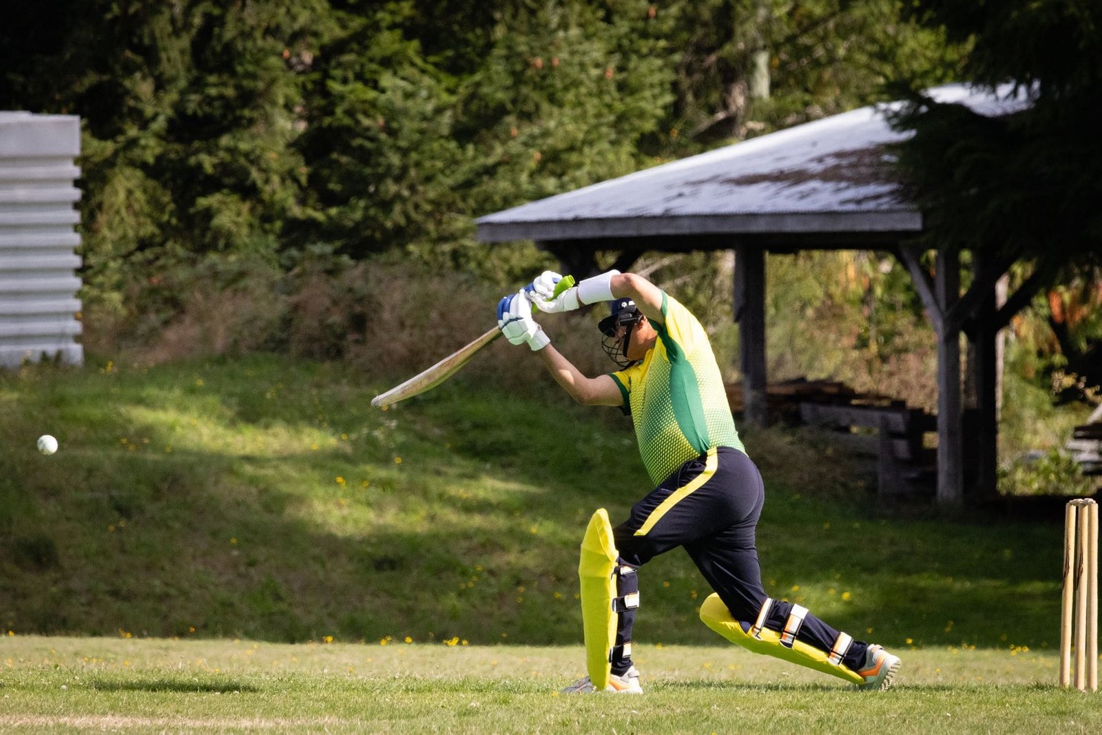 Batter stepping forward into a drive on a grass pitch